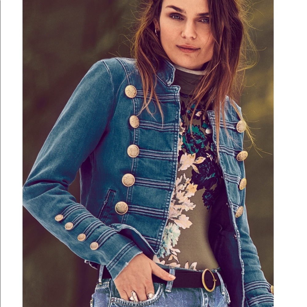 Free People Embellished Denim Military Jacket Sz:L - Picture 1 of 8